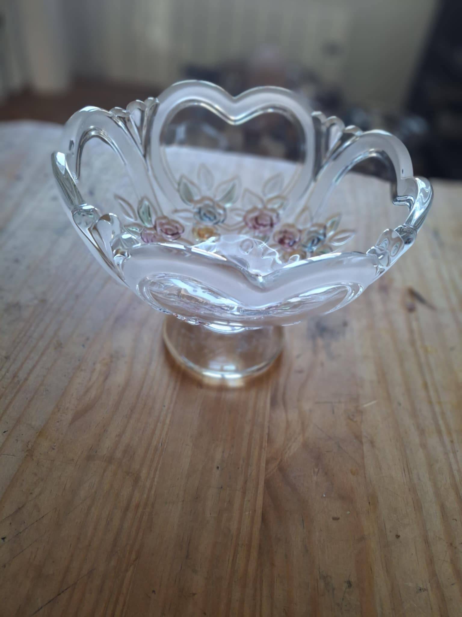Crystal footed bowl - heart and flower