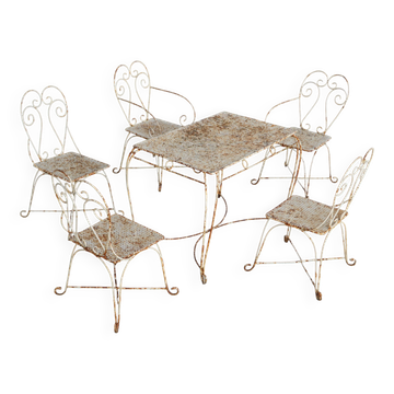 Salon de jardin en fer forgé avec table et cinq chaises, French mid 20th Century, 1950s