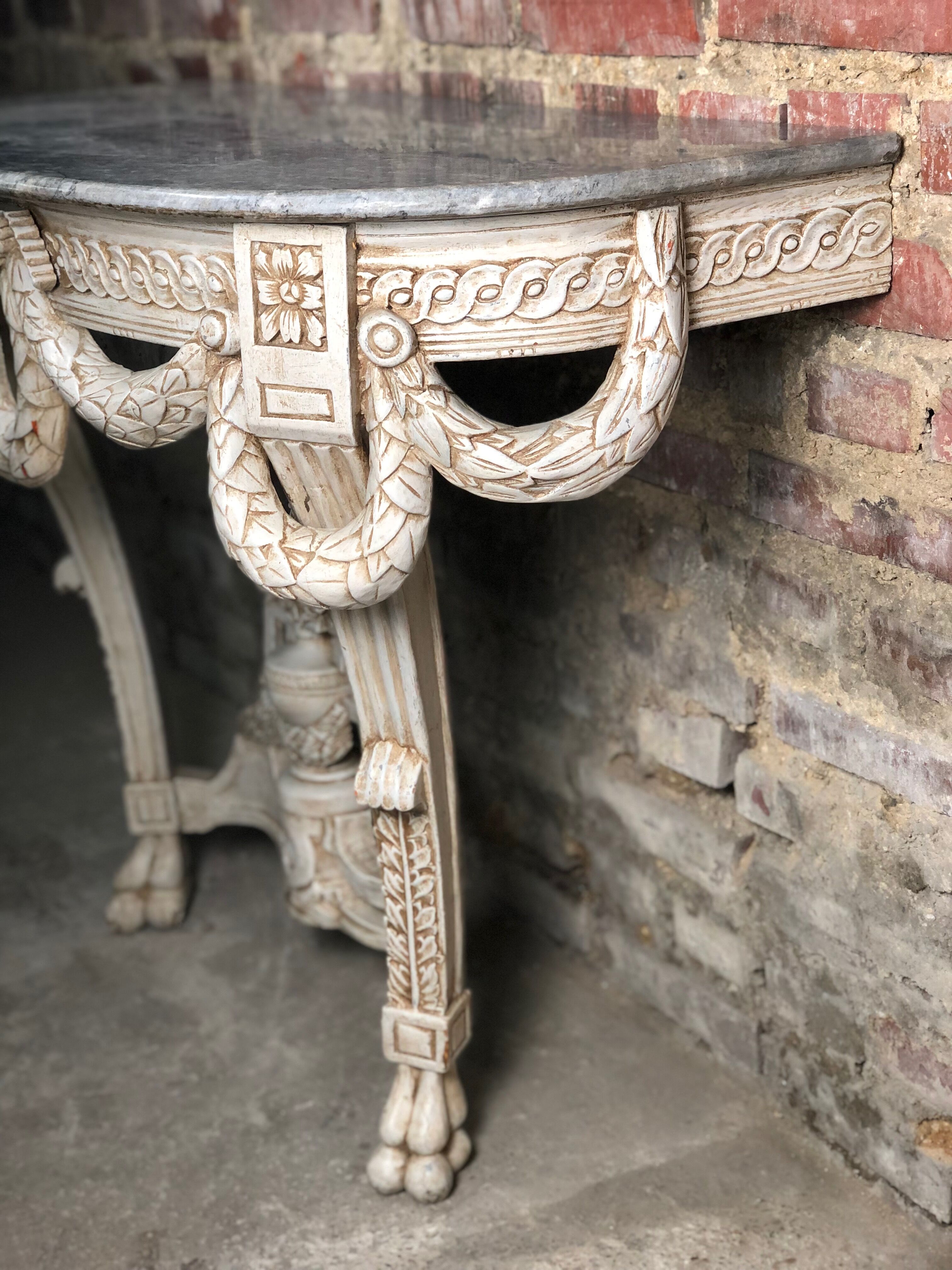 Louis XVI style console in carved wood beige patinated above gray marble
