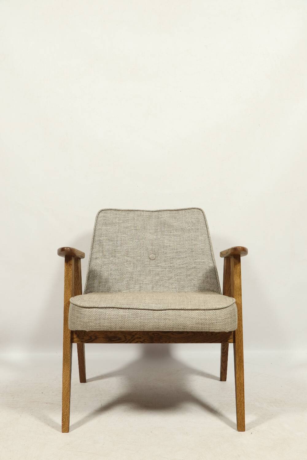 Vintage armchair in natural rustic oak wood herringbone fabric modern design by Chierovsky