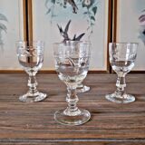 Vintage engraved glass liqueur glasses (digestif), geometric design.