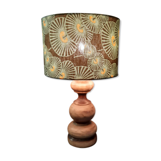 Solid wood foot lamp, lampshade day fabric, cotton art deco patterns, stylized flowers, yellow, green, khaki