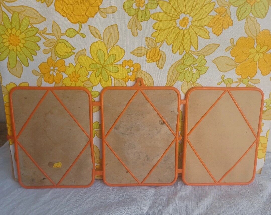Vintage tryptic barber mirror orange 70s