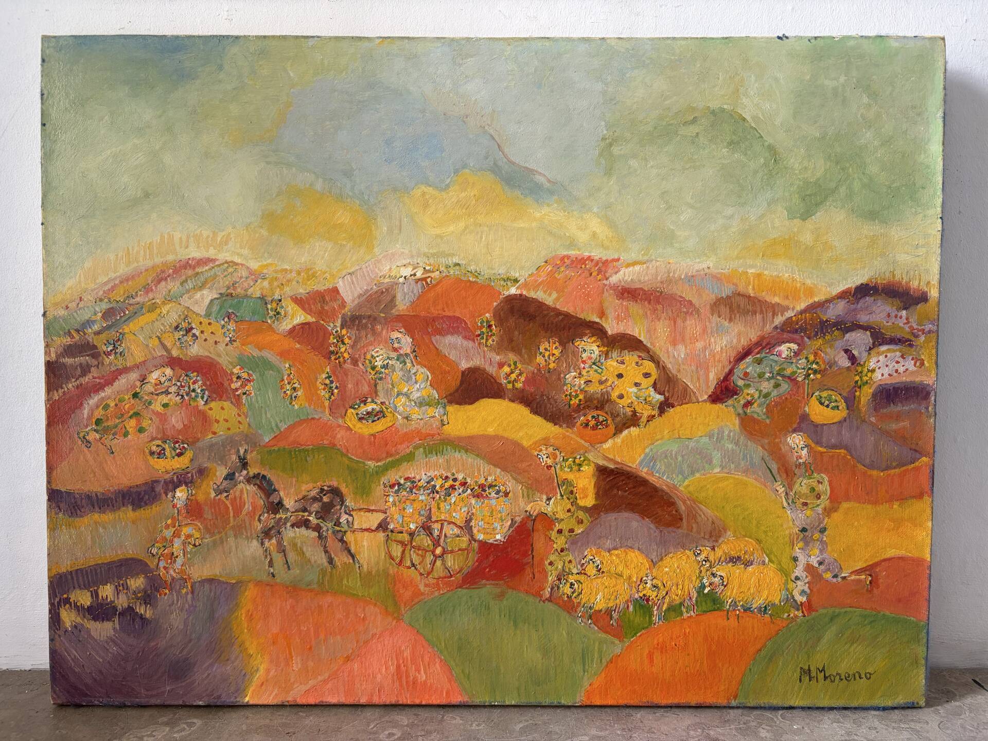 Naive painting: shepherd with sheep, oil on canvas signed