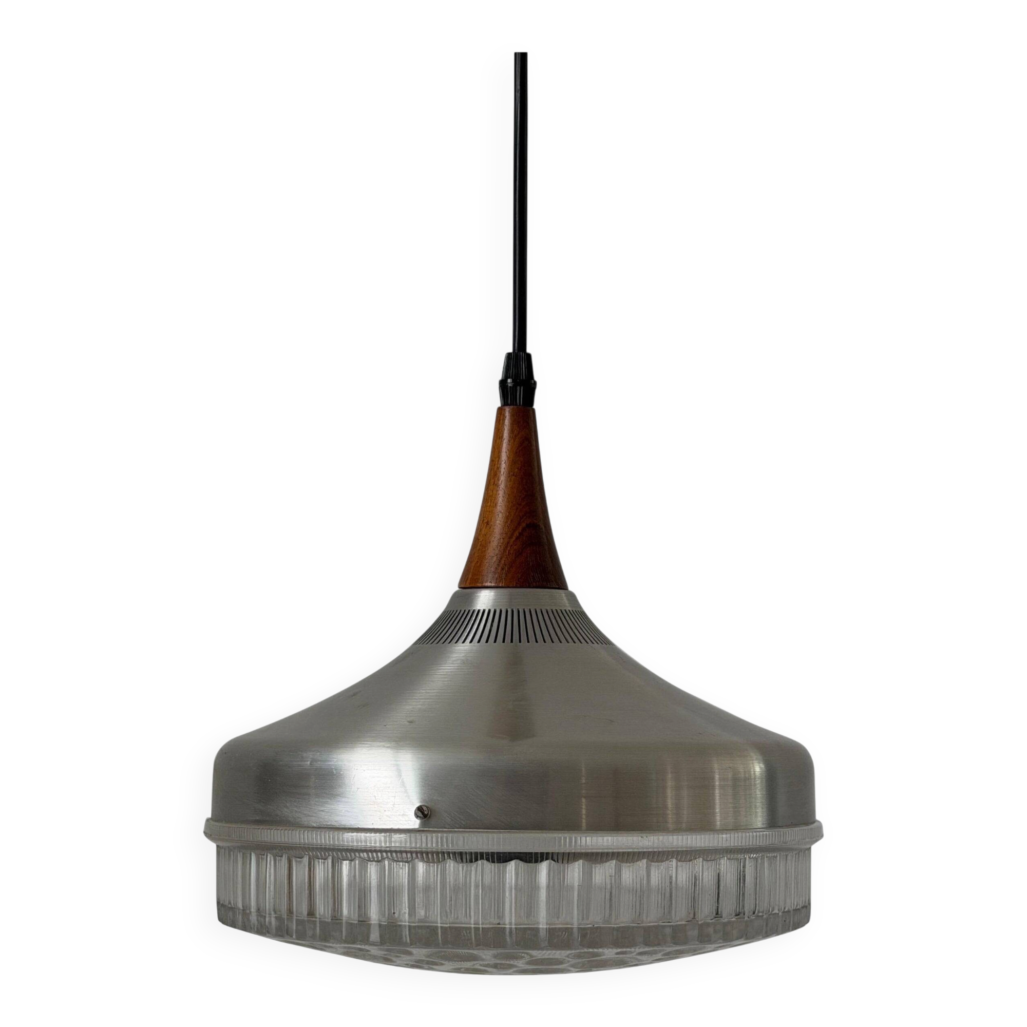 Crystal glass ceiling light with a metal frame and wood details, 1960s, Germany.