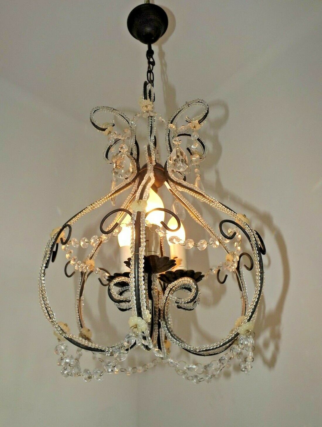 French Parisian Chic Black 3 Light Crystal Beaded 6 Sided Cage Chandelier 3620