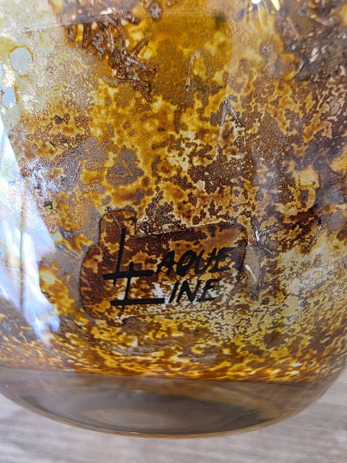 Vintage round vase Laque Line by Jean-Noël Bouillet Marbled golden tones