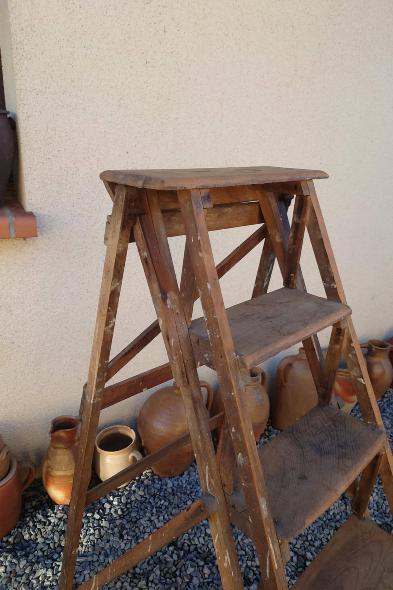 Antique wooden carpenter's stepladder, traces of paint, treated, 110 cm