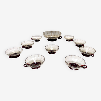 Ensemble de dix bols à dessert en verre de Murano fumé et cramoisi dans le style de Zecchin