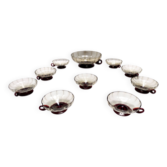 Set of Ten Smoked and Crimson Murano Glass Dessert Bowls in the style of Zecchin