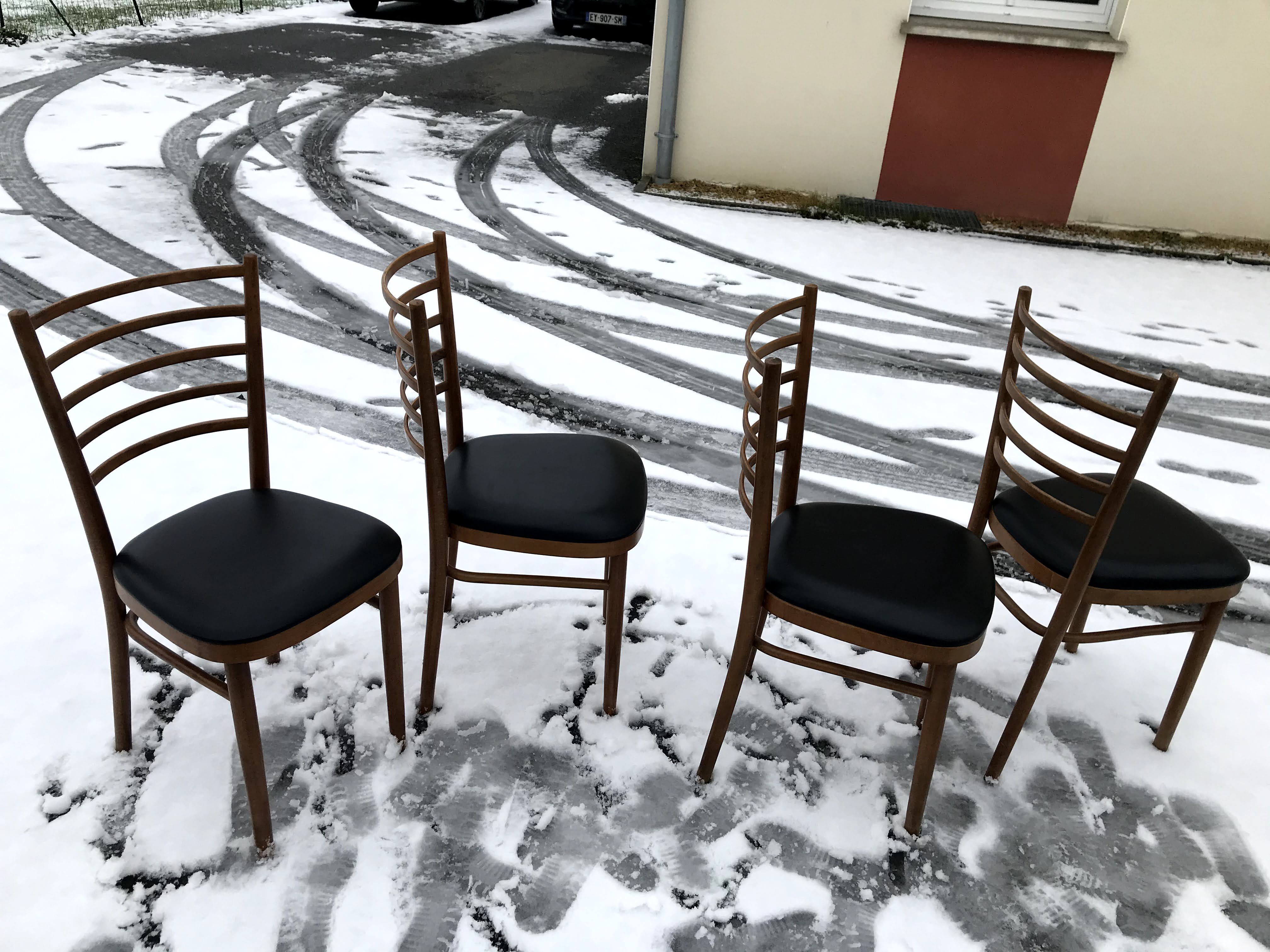 Vintage 60s slatted chairs and leatherette