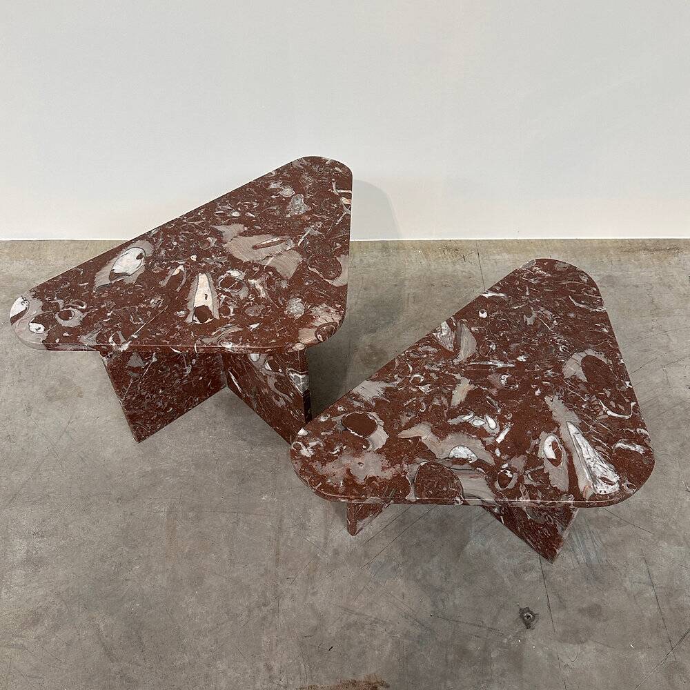 Set of 2 Belgian Rouge Griotte marble coffee tables, vintage postmodern nesting