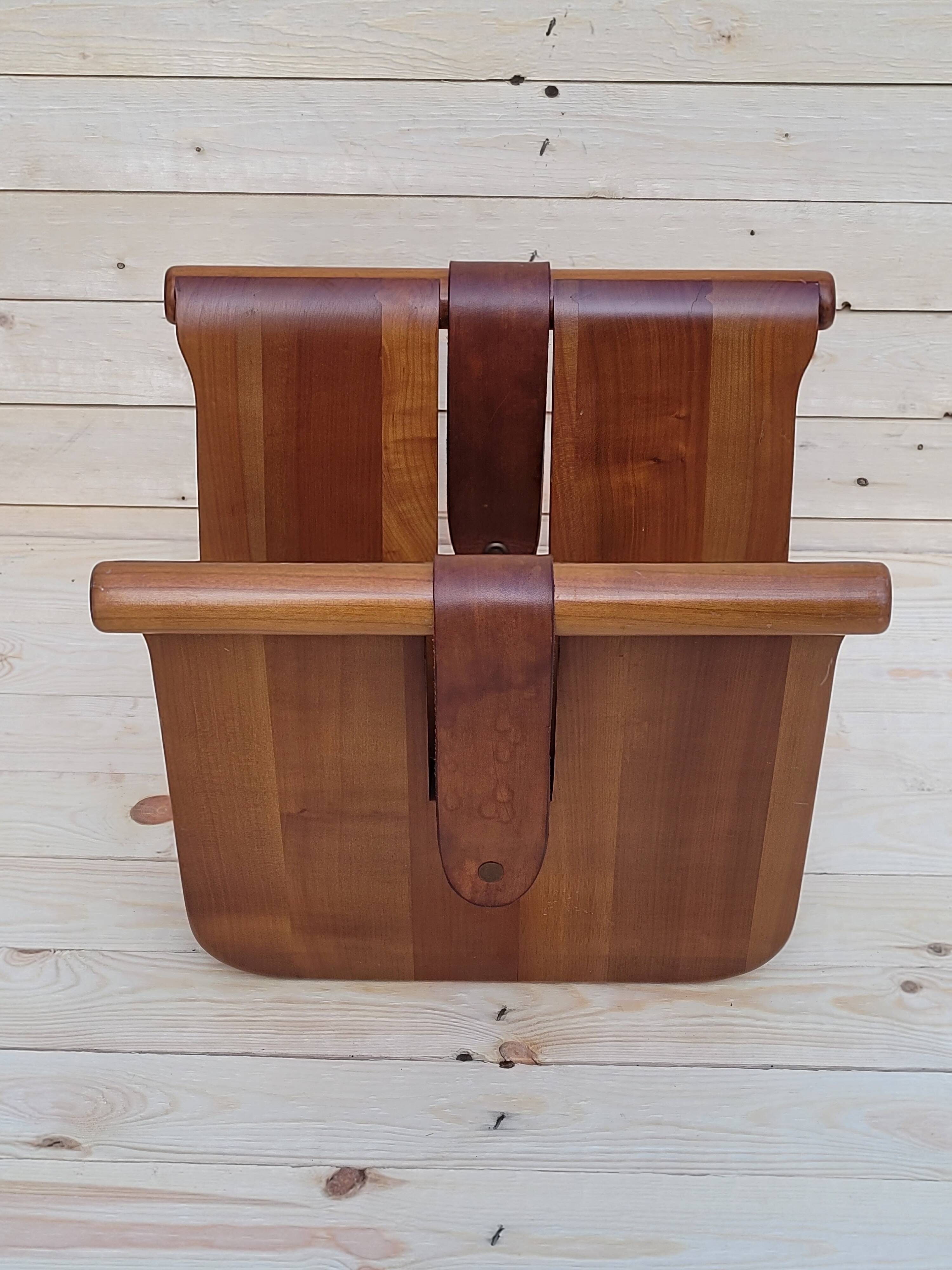 Magazine holder or vinyl in wood and leather vintage design 1960/70