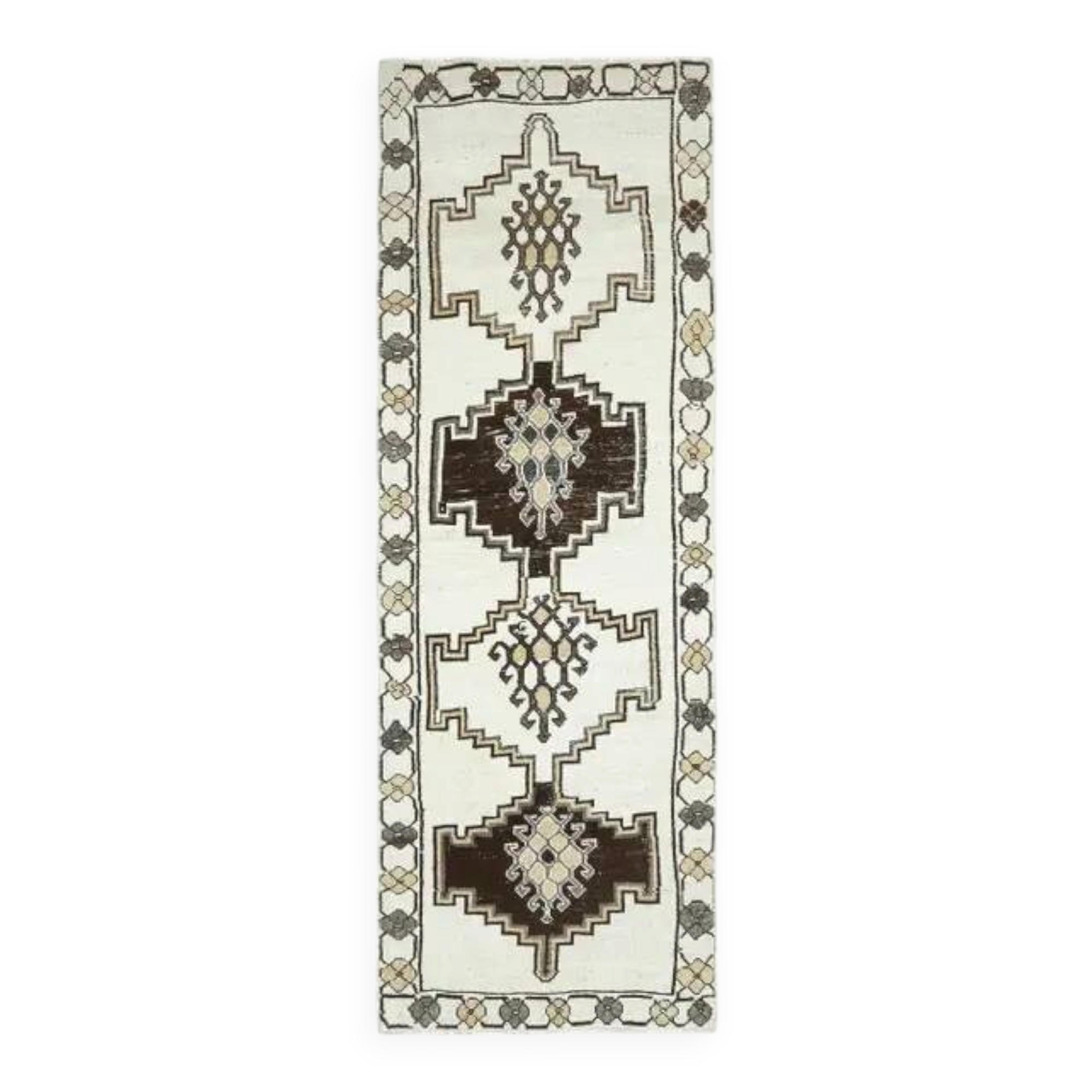 1970s Vintage Turkish Hand-Knotted Wool Cotton White Runner Rug  115x342