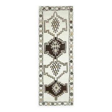 1970s Vintage Turkish Hand-Knotted Wool Cotton White Runner Rug  115x342