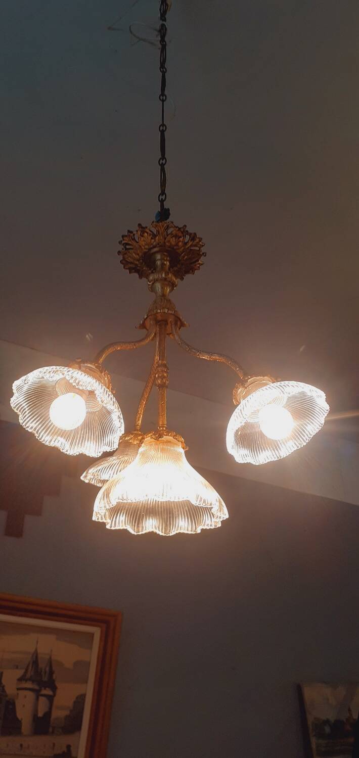 Chandelier in gilded bronze late 19th century around 1900 holophane glassware