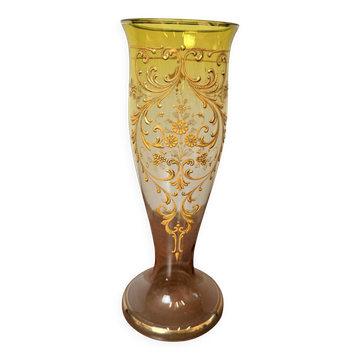 Antique legras vase in yellow glass with golden floral decoration – art nouveau