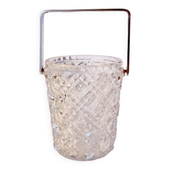 Vintage French carved crystal ice bucket from the 60s with stainless steel metal handle