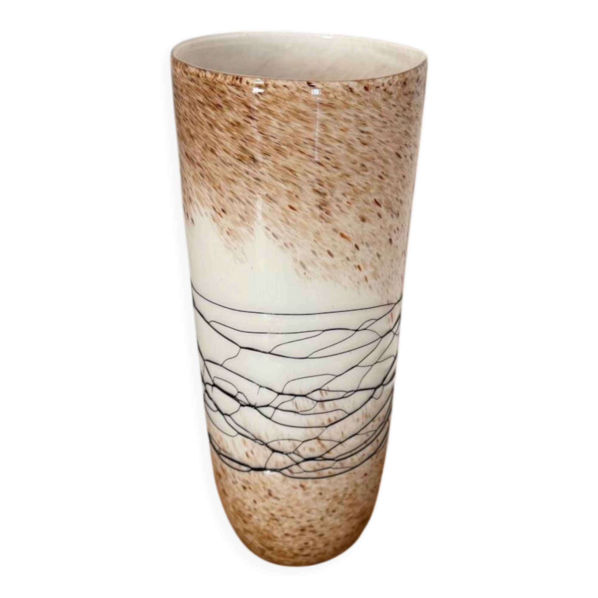Large hand-blown glass vase in brown and beige.