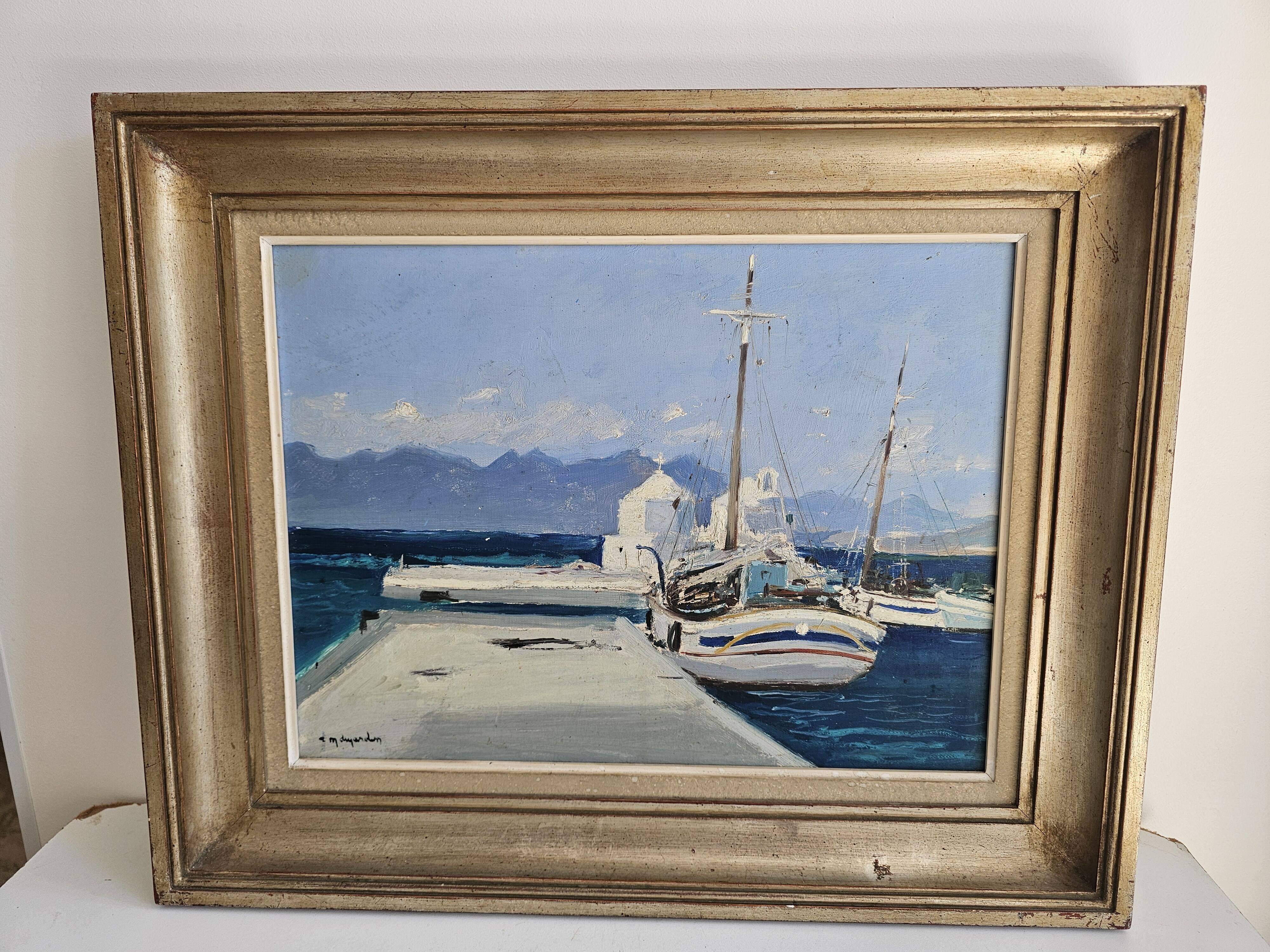 Tableau Huile sur Carton Paysage Grèce Marine - Signé René Marie Dujardin