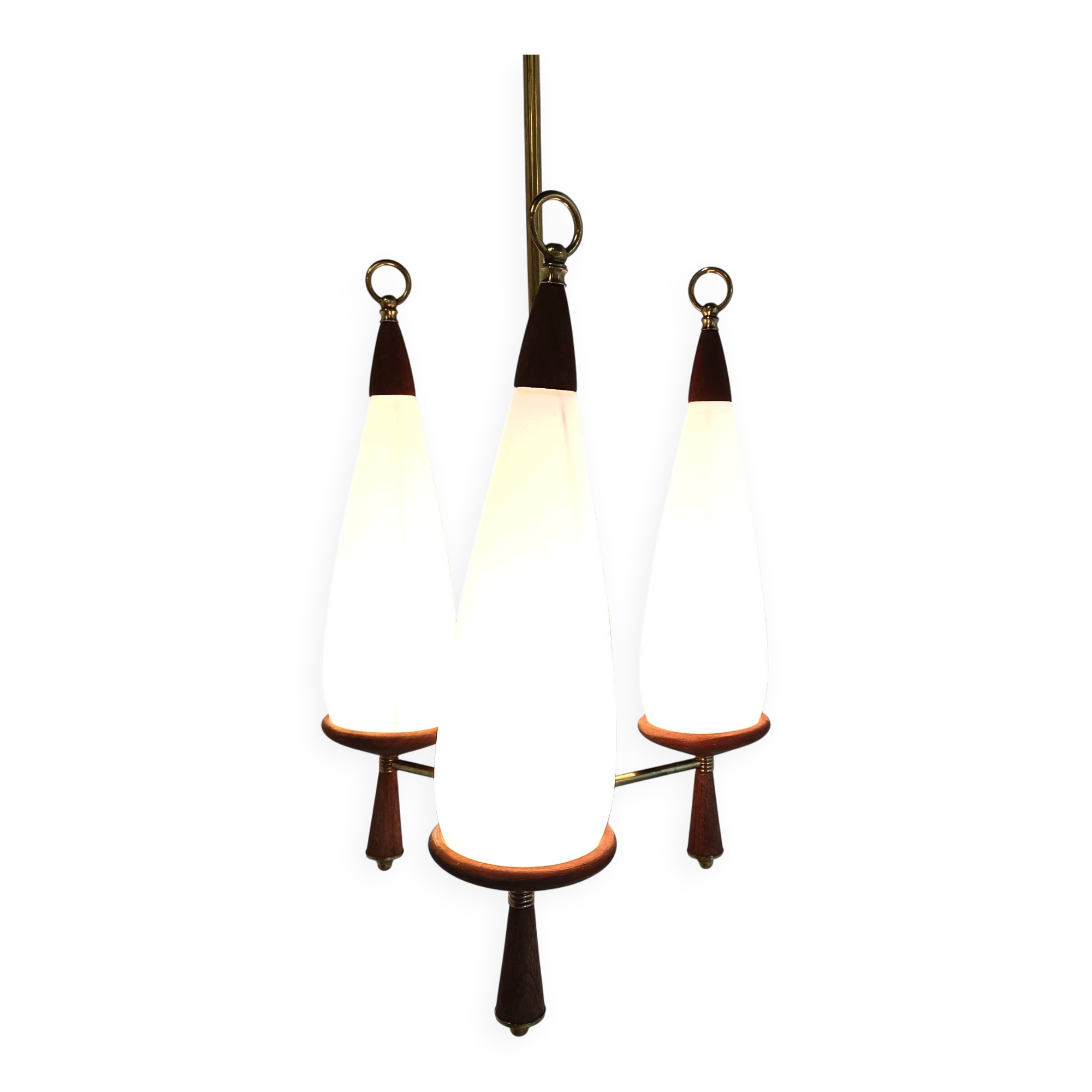 Vintage teak chandelier with white glass shades, 1960s