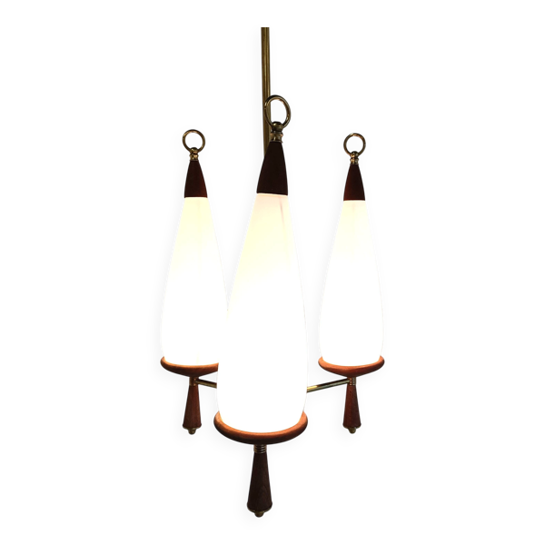 Chandelier vintage en teck avec abat-jours en verre blanc, années 1960.