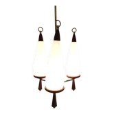 Chandelier vintage en teck avec abat-jours en verre blanc, années 1960.