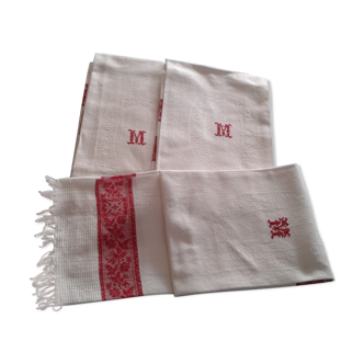 3 tea towels honeycomb cotton. embroidered monogram M