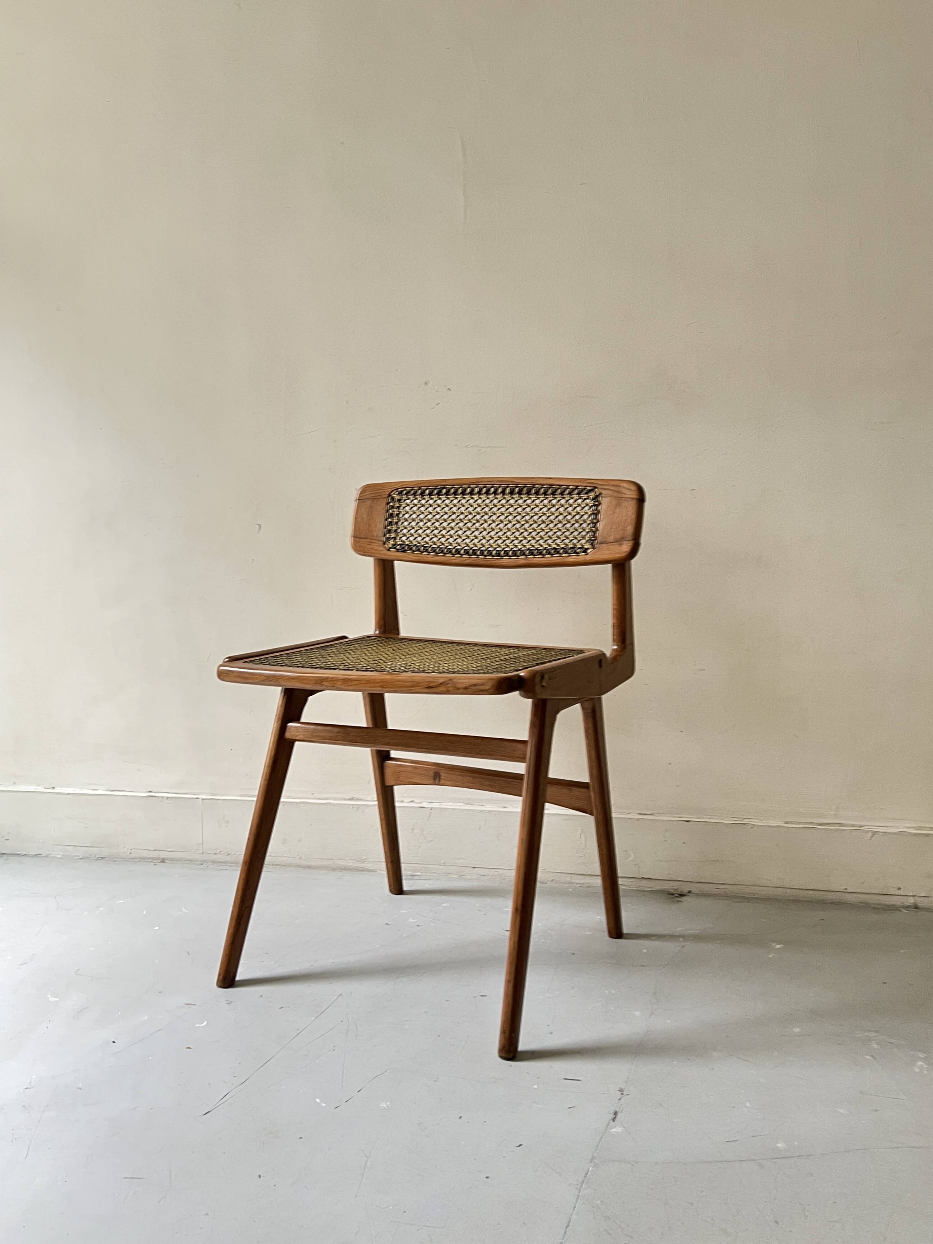 Teak wood and cane chair design, SNA Roset / Landault 1950-60