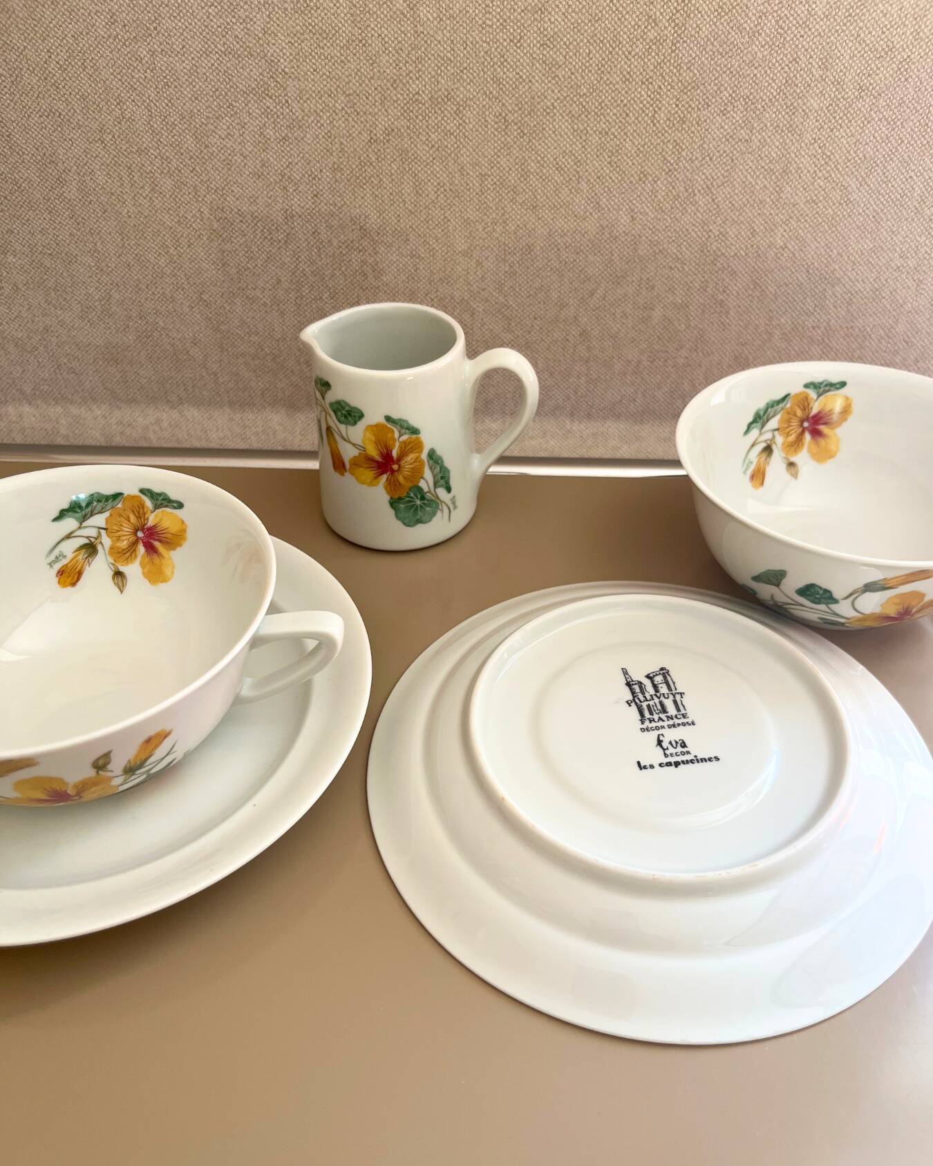 Vintage Pillivuyt Tea Set - 2 Cups, 2 Saucers & Milk Jug