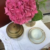 Glass cookie jar engraved metal frame brass