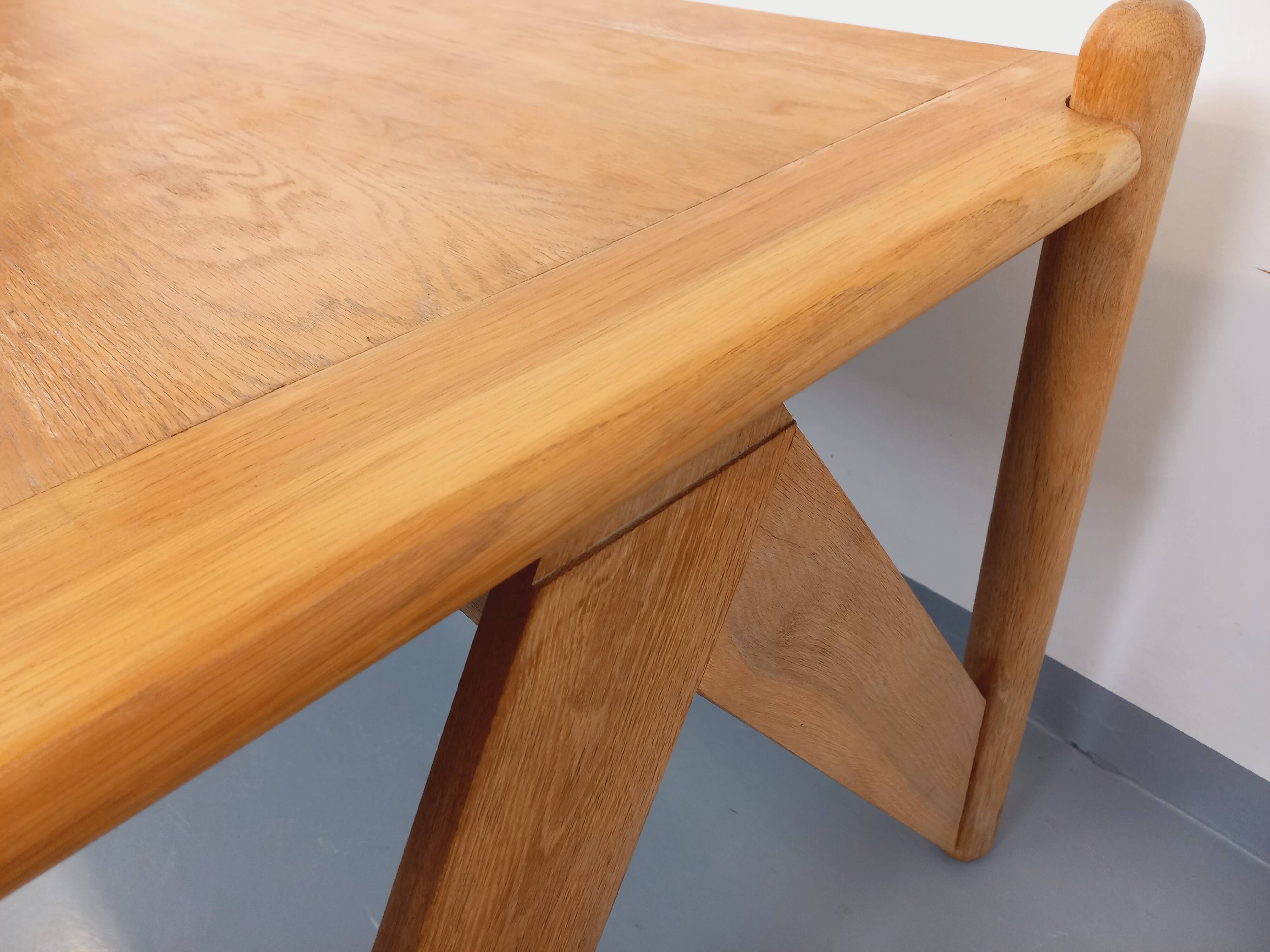 Large vintage brutalist rectangular table made of solid oak wood.