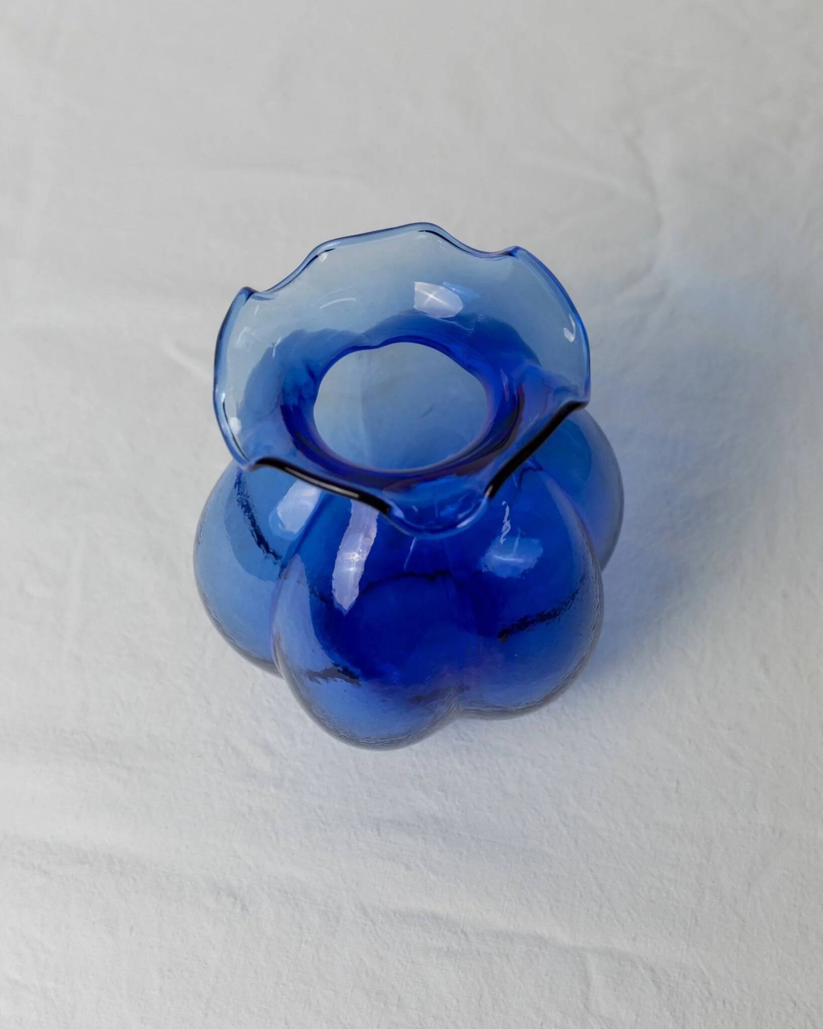 Cobalt Blue Hazel Atlas Glass Vase, 1930s Bulbous Form with Ruffled Lip and Embossed Underside