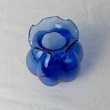 Cobalt Blue Hazel Atlas Glass Vase, 1930s Bulbous Form with Ruffled Lip and Embossed Underside