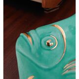Plat Magdalithe en céramique en forme de poisson turquoise et doré des années 1950