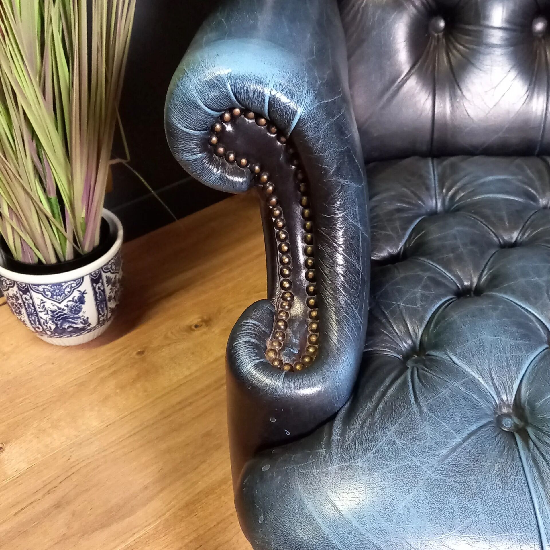 Blue chesterfield barrel back armchair