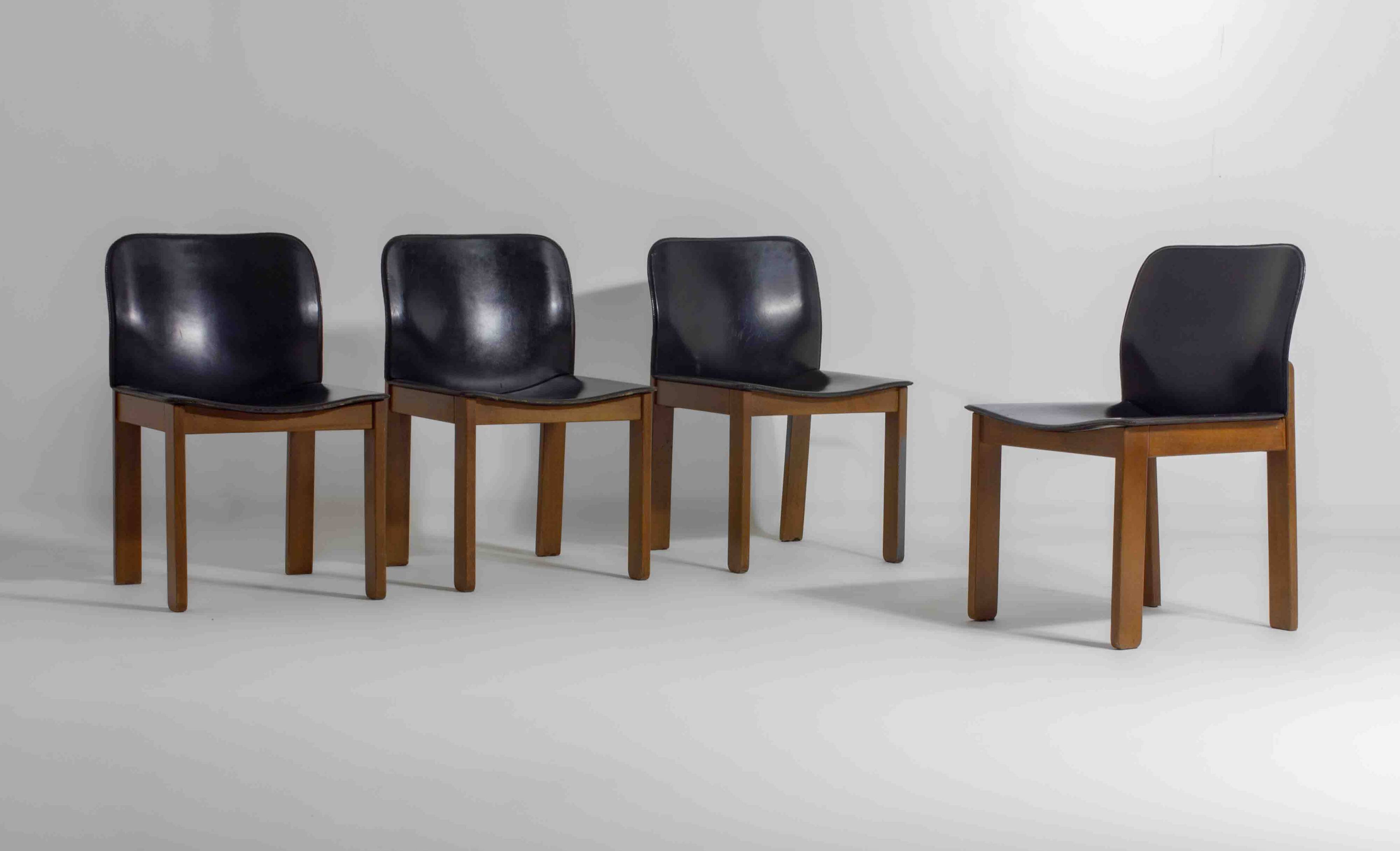 Set of 6 black leather dining chairs by Afra & Tobia Scarpa, 1970's