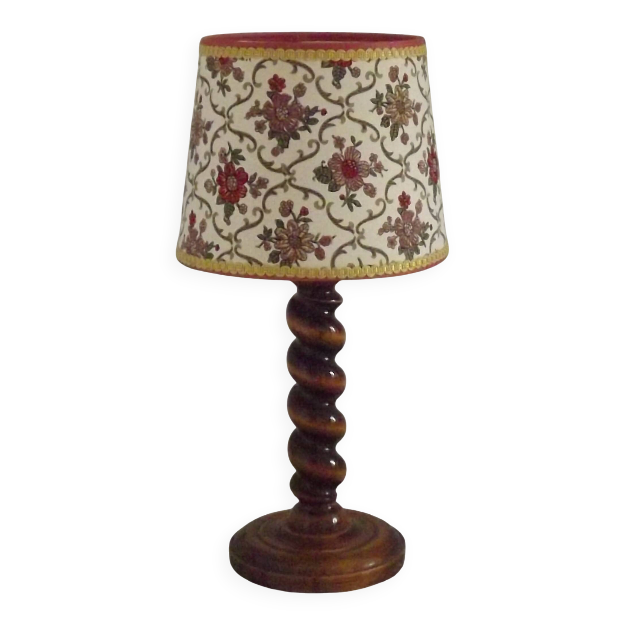 French Vintage Round Wooden Barley Twist Table Lamp With Floral Shade