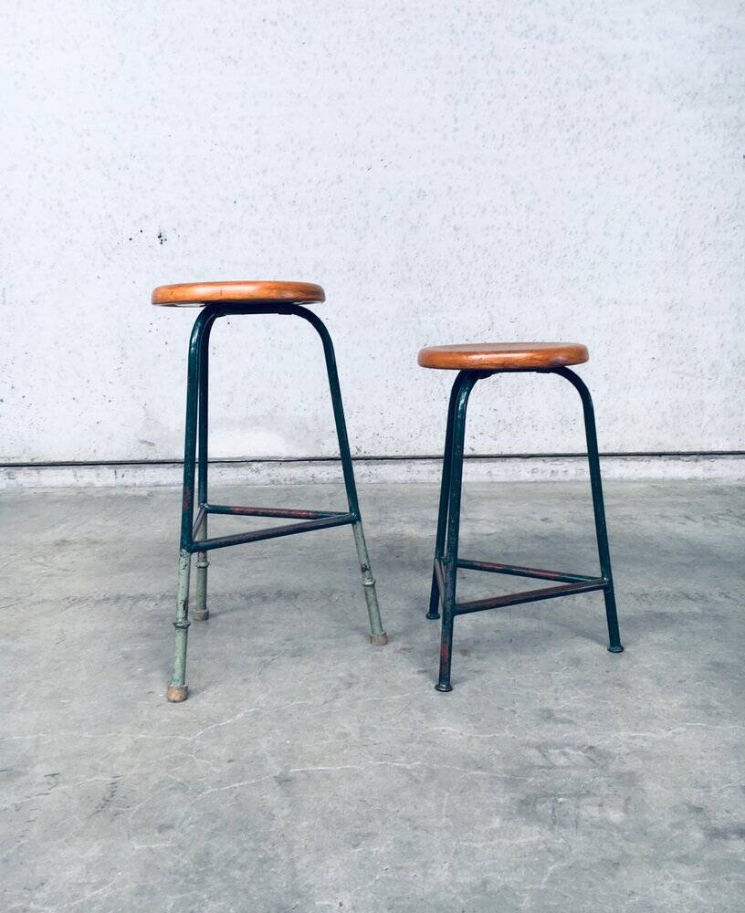 Set of Industrial Green Tripod Stool Set, Belgium, 1950s