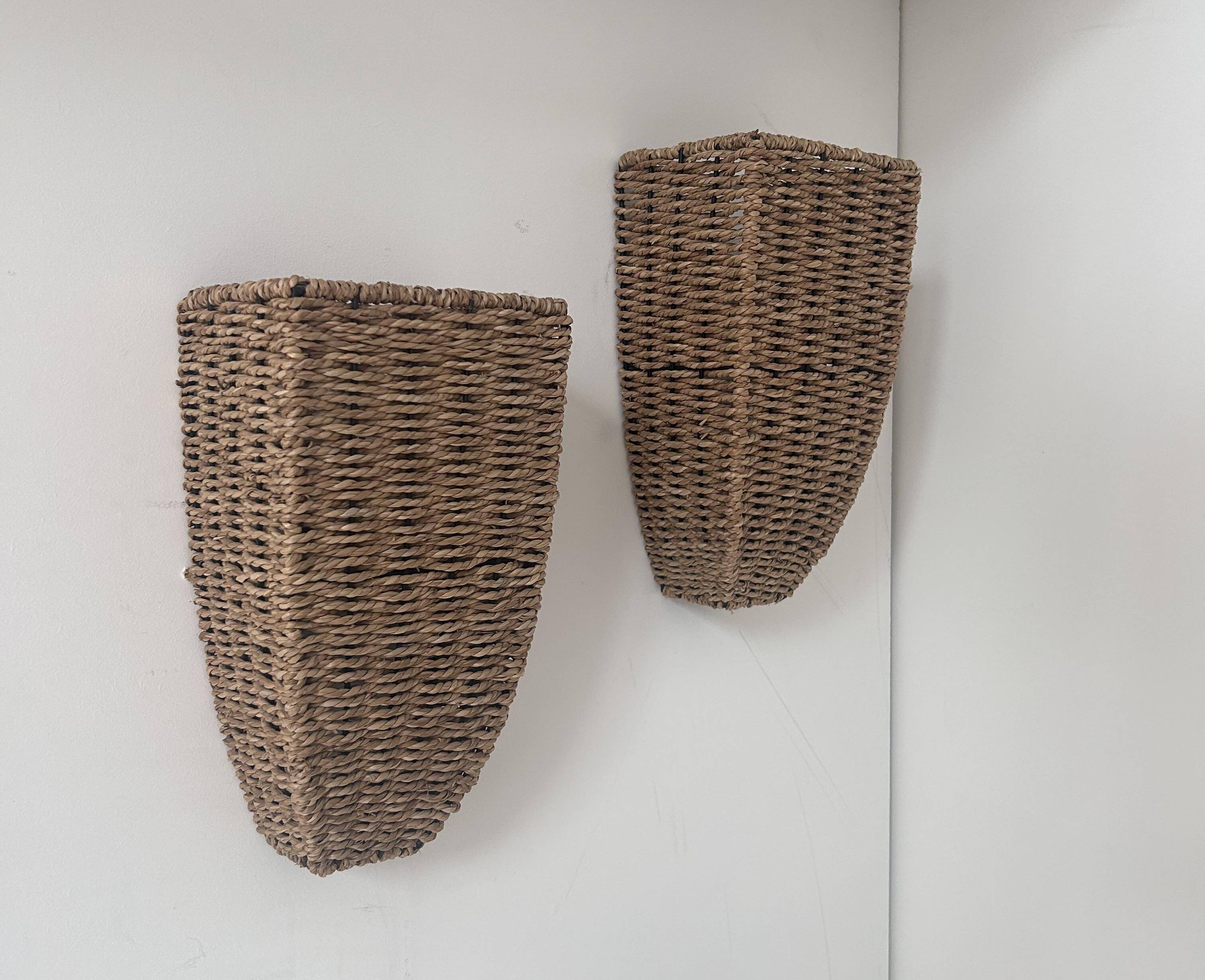 Pair of vintage wall lights, woven rattan, France 1980
