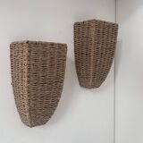 Pair of vintage wall lights, woven rattan, France 1980