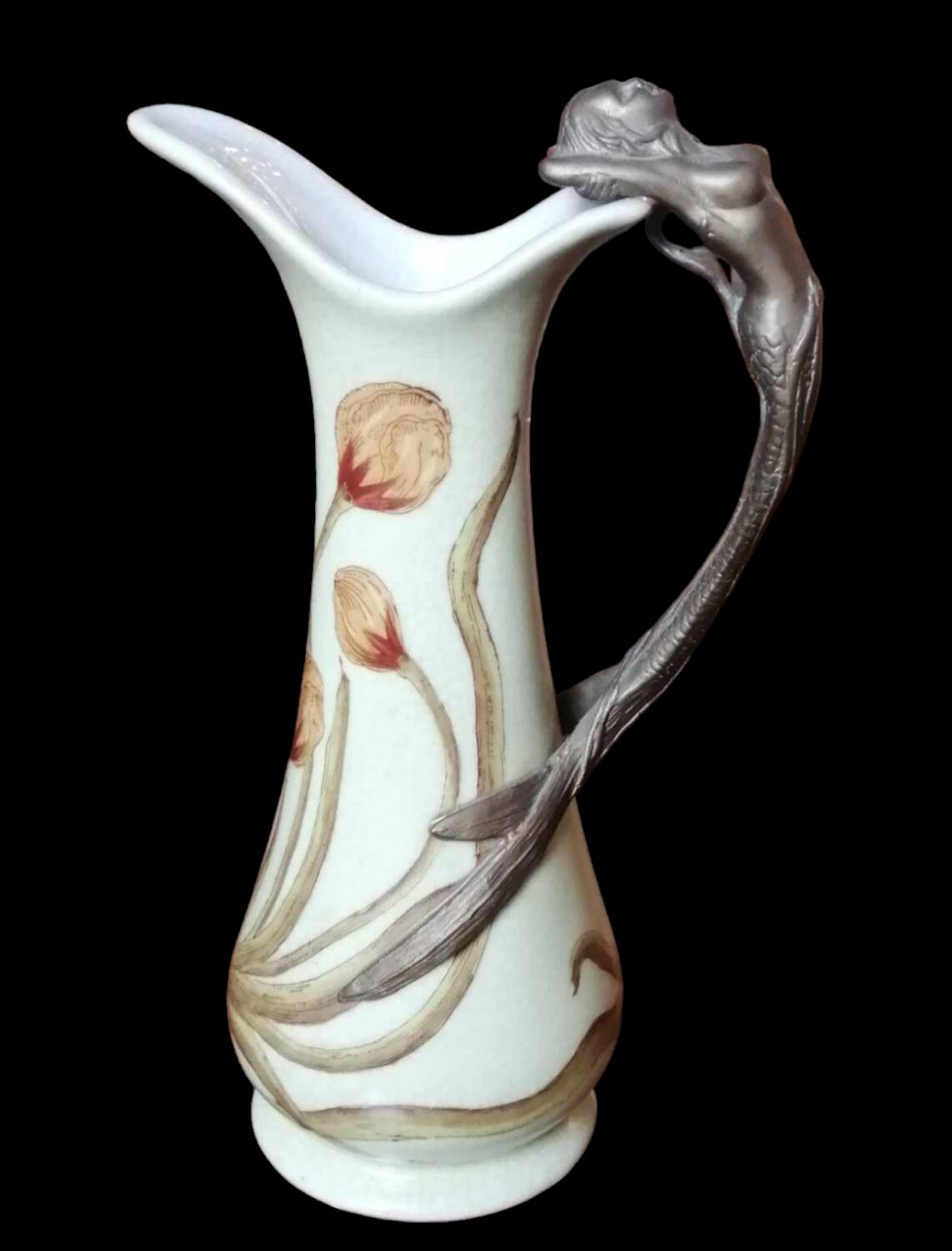 Ancienne carafe Art Nouveau céramique et anse bronze décor sirène/Anno 1906