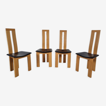 4 leather and wood chairs, 80s