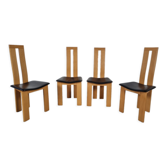 4 leather and wood chairs, 80s