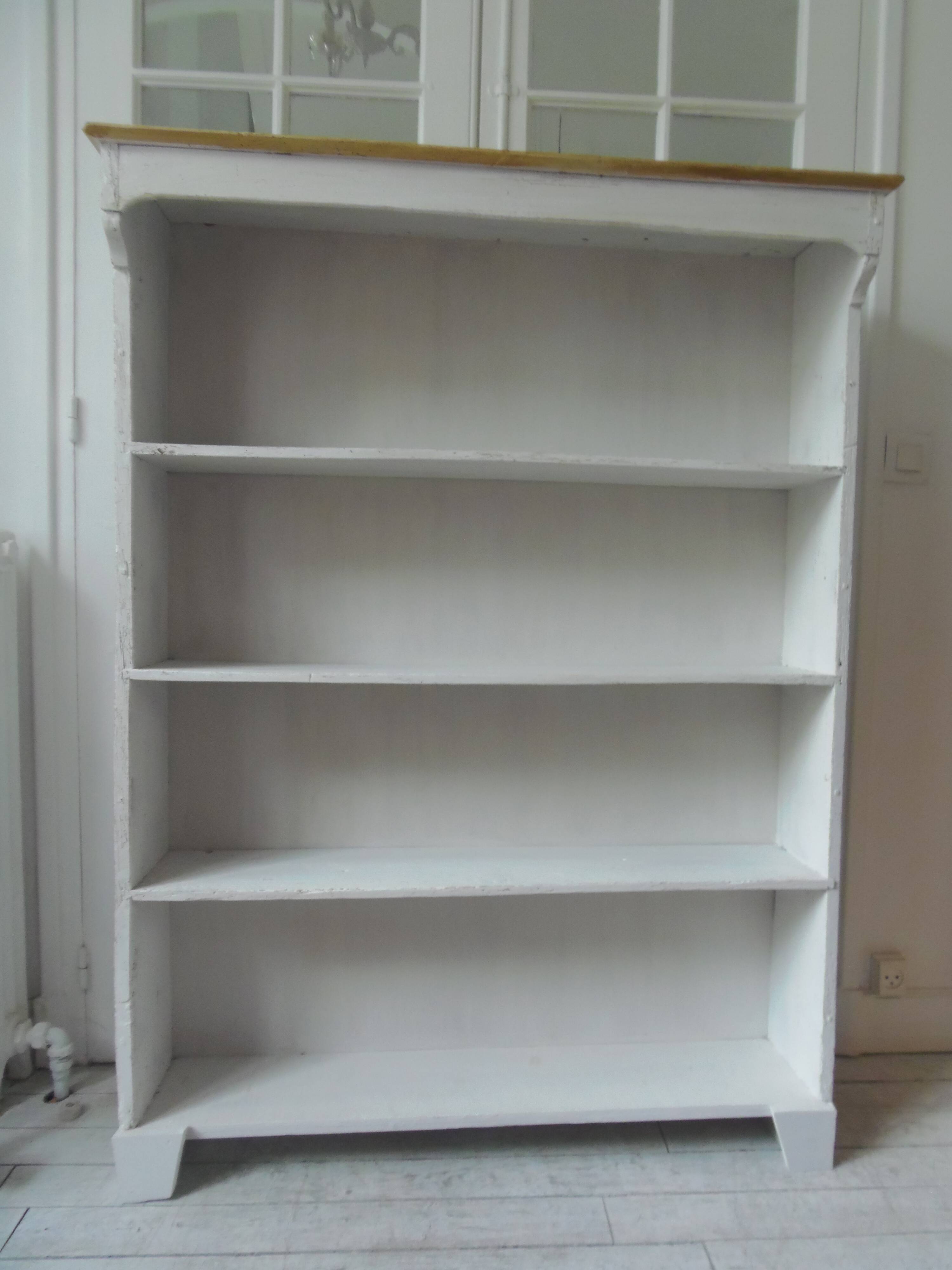 Bookcase in pearl grey waxed finish, light oak waxed top.