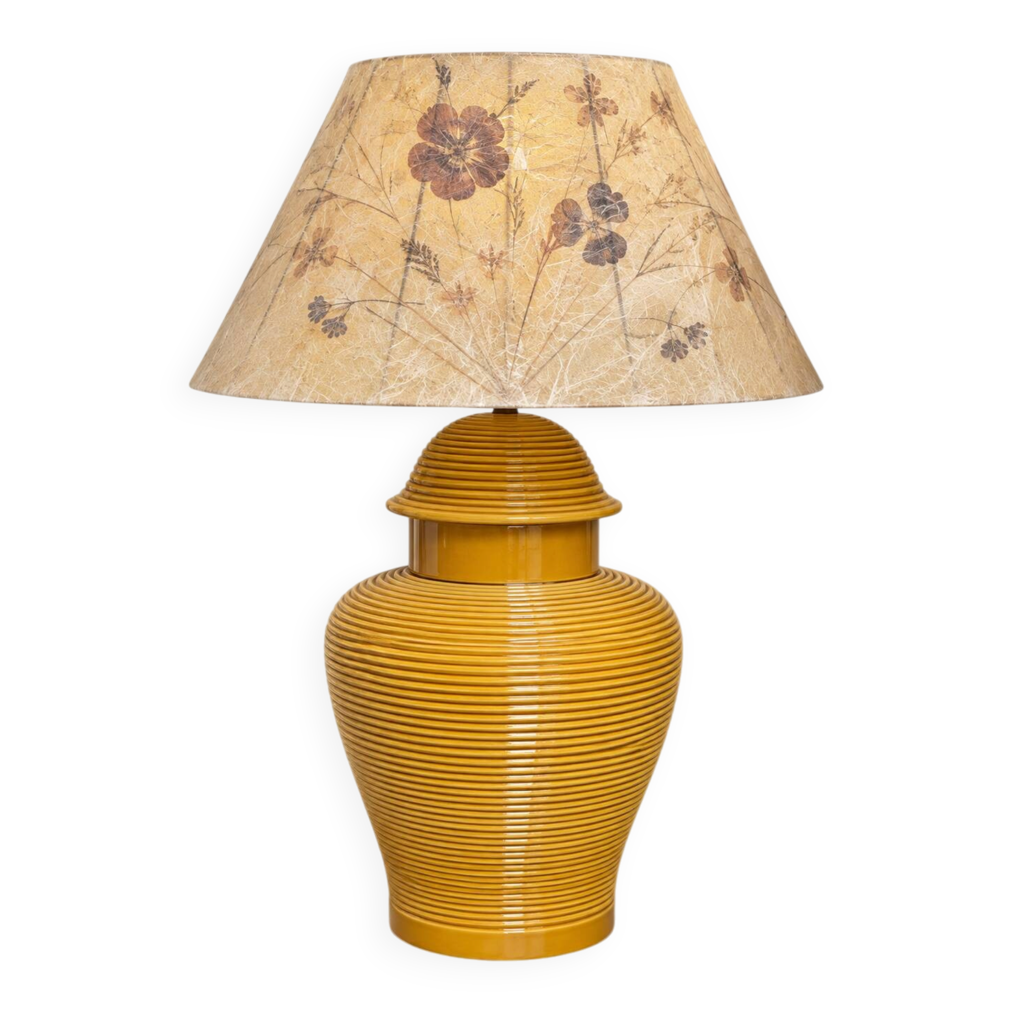 Grande lampe en céramique nervurée jaune moutarde 1970