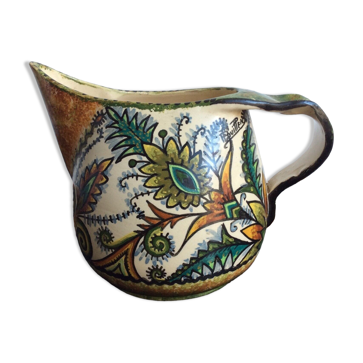 Pitcher Paul Fouillen Quimper faience floral decoration, French hand painted