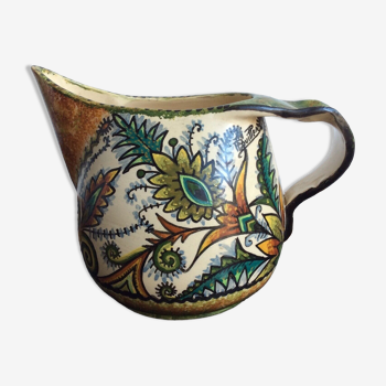 Pitcher Paul Fouillen Quimper faience floral decoration, French hand painted