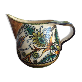 Pitcher Paul Fouillen Quimper faience floral decoration, French hand painted