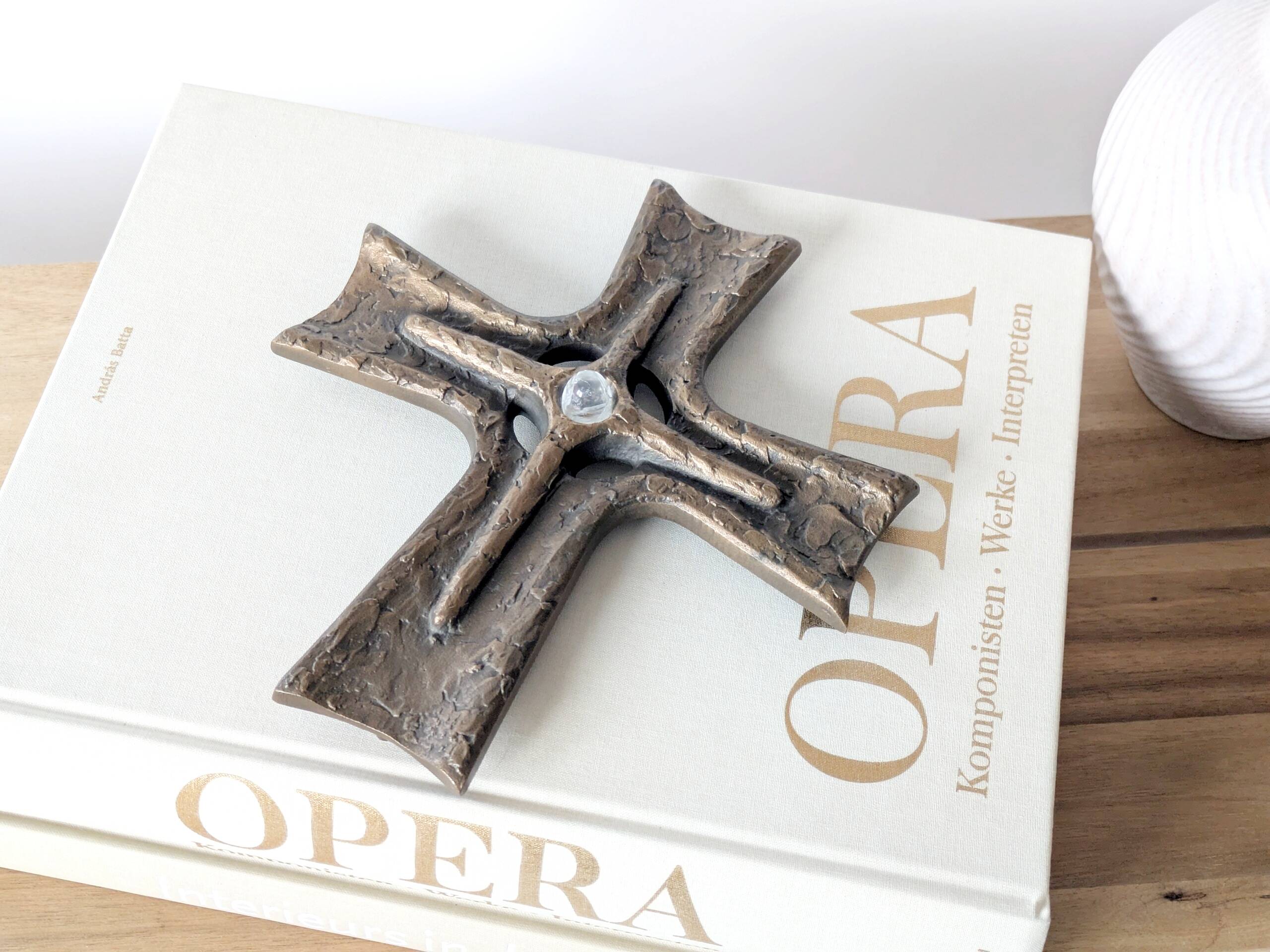 Vintage brutalist bronze crucifix, religious art from the 1950s